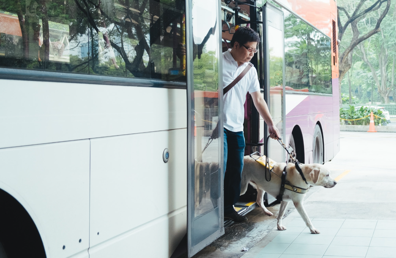 A guide dog user alighting from a bus with his guide dog.