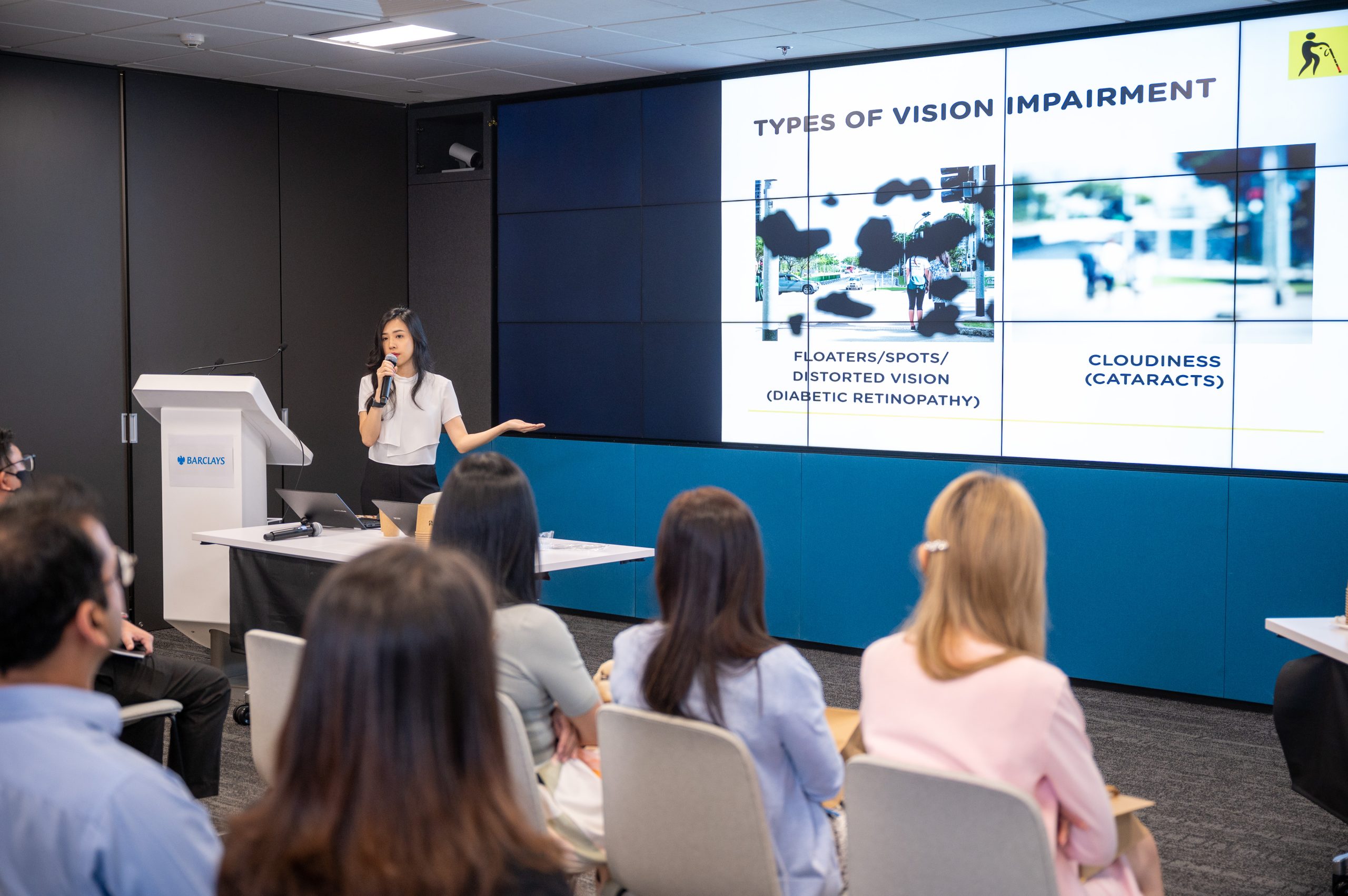 GDS staff giving a talk, with a large screen that shows various types of vision impairment.