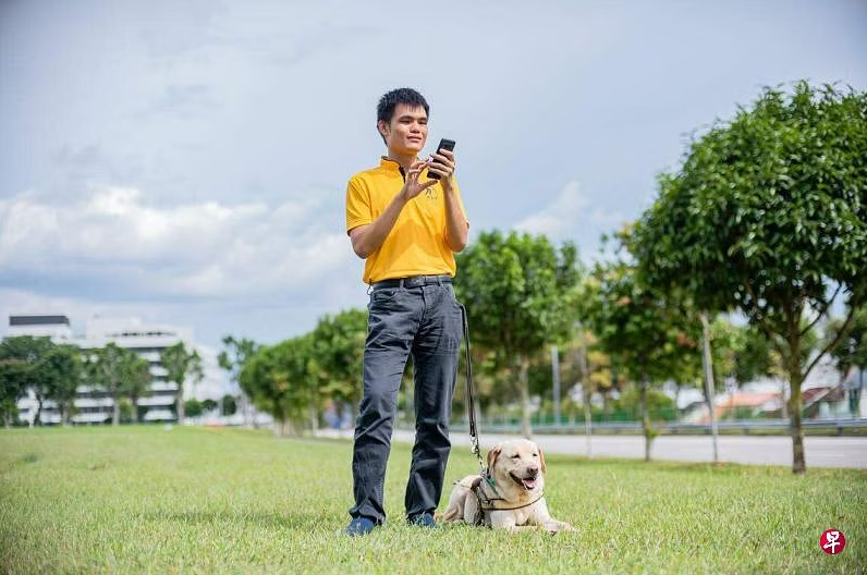 Guide dog user Hong Sen stands in a field looking at his phone while his guide dog lays down at his feet.