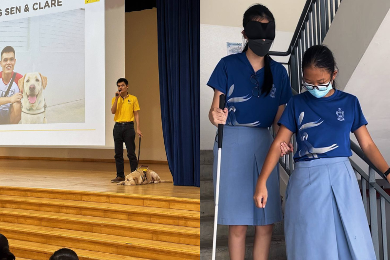 A collage of two photos. On the left, a guide dog user is speaking on stage, with his guide dog resting beside them. On the right, a student wearing a blindfold uses a white cane and holds onto the elbow of another student for guidance while descending stairs. A collage of two photos. On the left, a guide dog user is speaking on stage, with his guide dog resting beside them. On the right, a student wearing a blindfold uses a white cane and holds onto the elbow of another student for guidance while descending stairs.