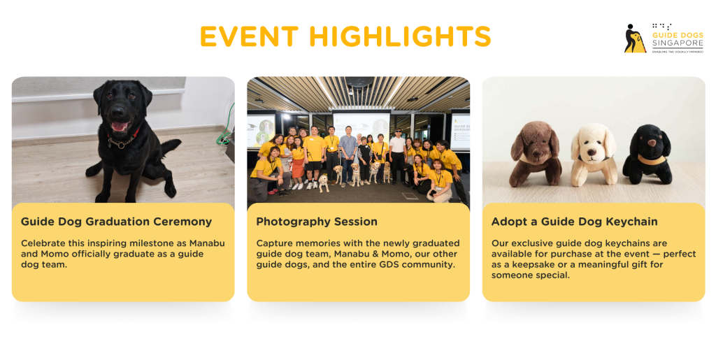 Event highlights: Meet our newly paired guide dog team, photo opportunities with guide dogs, and adopt your very own guide dog key chain, available to purchase at the event.