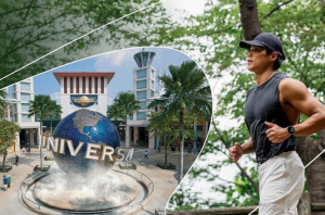 Korean celebrity Amotti running with Universal Studios in the side of the image