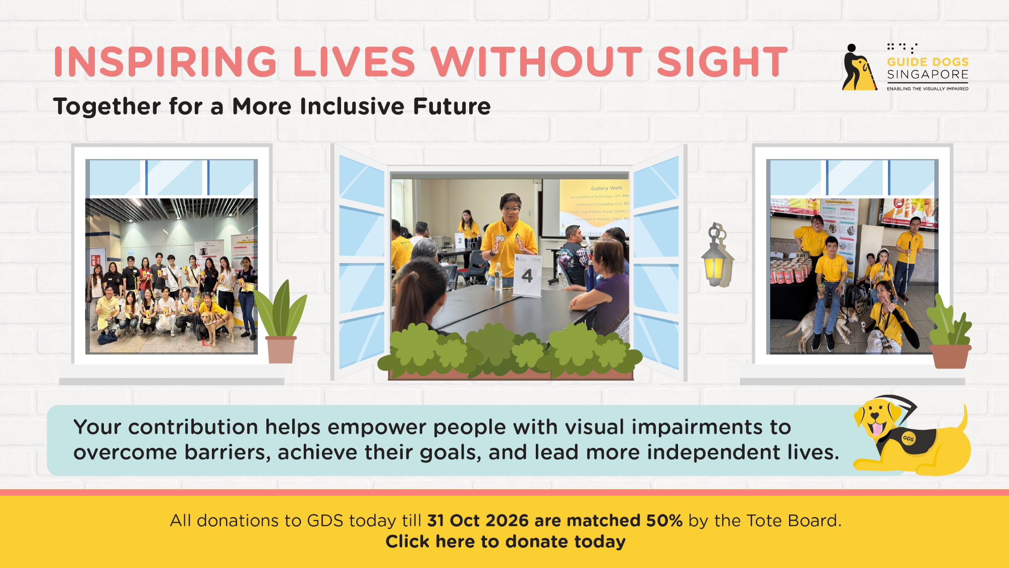 Inspiring Lives Without Sight Campaign Banner with images of clients, volunteers, GDS staff and campaign details